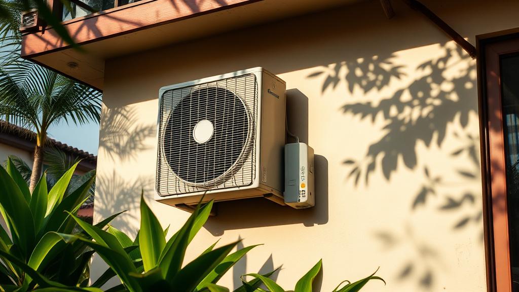 Outdoor condenser unit on a Malaysian semi-detached house.