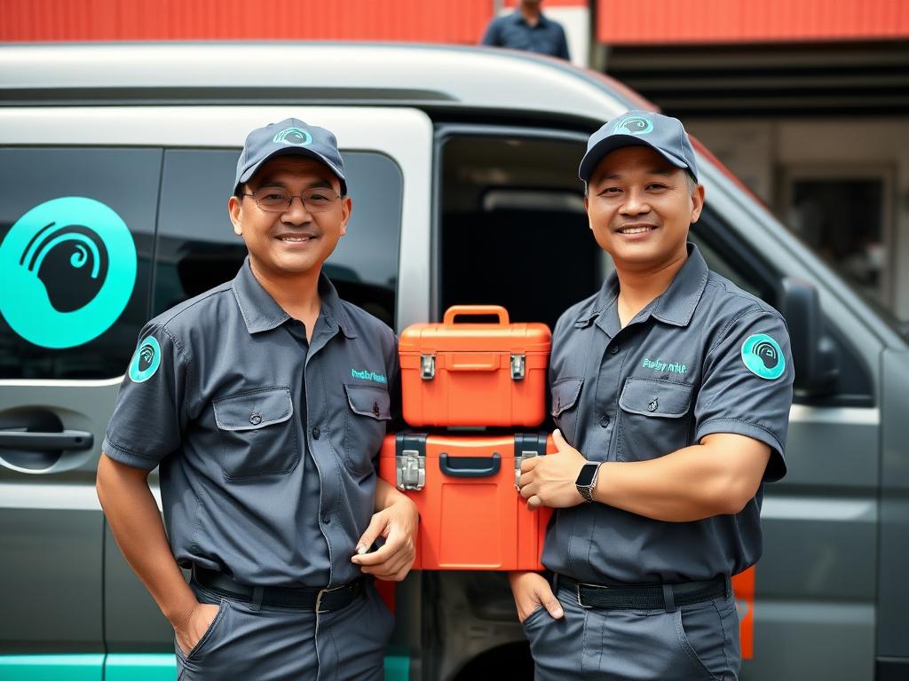 Sparkium technicians in graphite uniforms beside a service van.