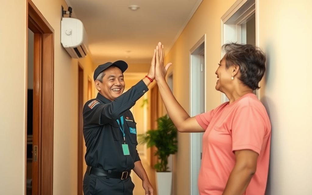 Sparkium technician handing over a cool, serviced room to a happy Klang Valley homeowner.