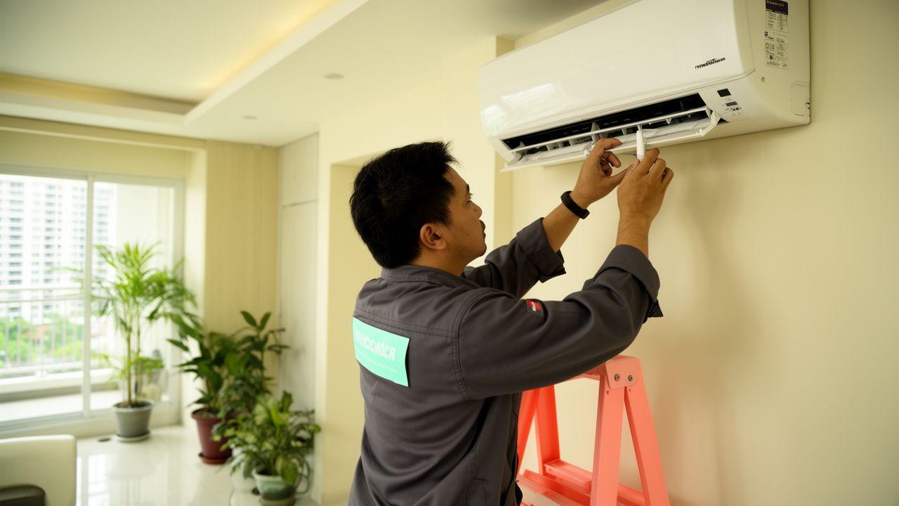 Sparkium technician installing a wall-split aircon in a Malaysian condominium living room.