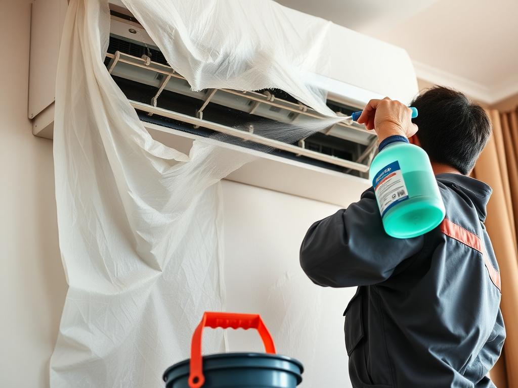 Foaming chemical cleaner applied to the coil of a wall-split unit.