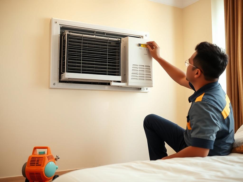 Sparkium technician levelling a wall-split unit in a condominium bedroom.