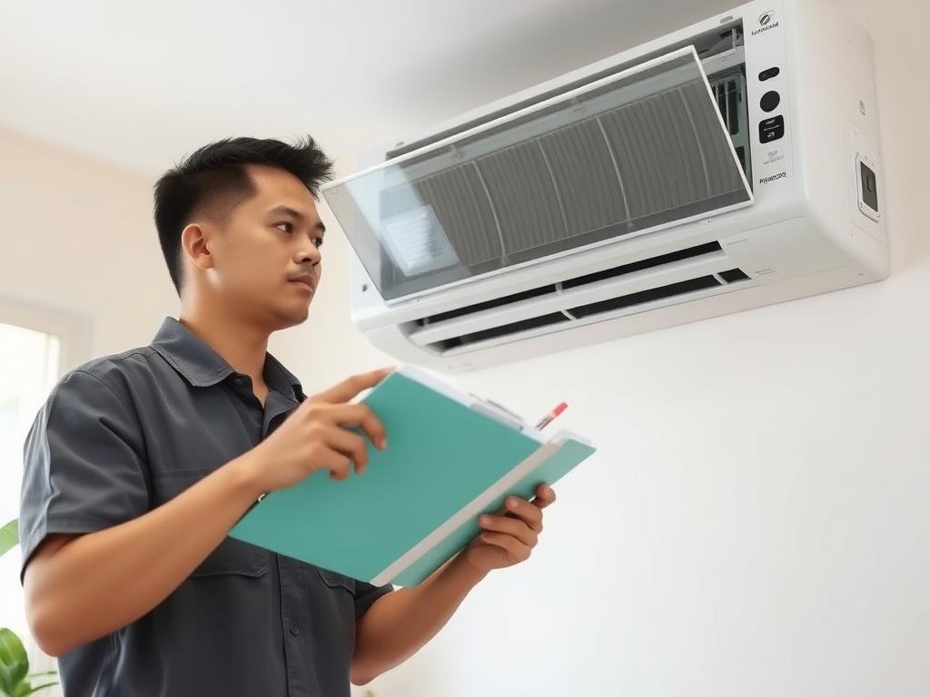 Technician inspecting a wall-split unit during a maintenance visit.