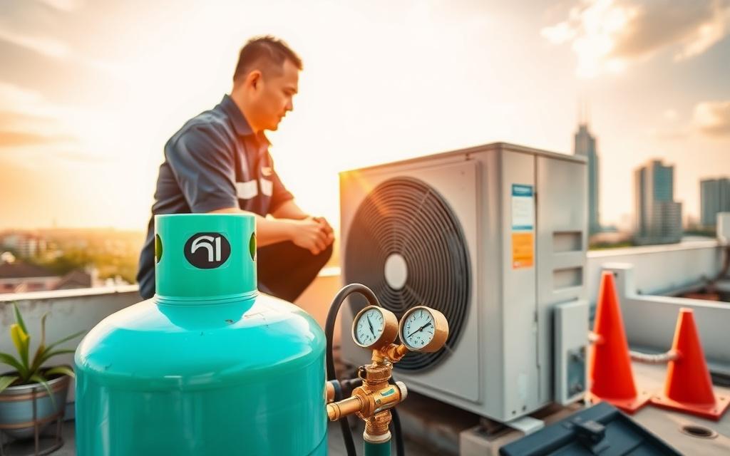 Refrigerant cylinder and manifold gauges at an outdoor condenser unit.