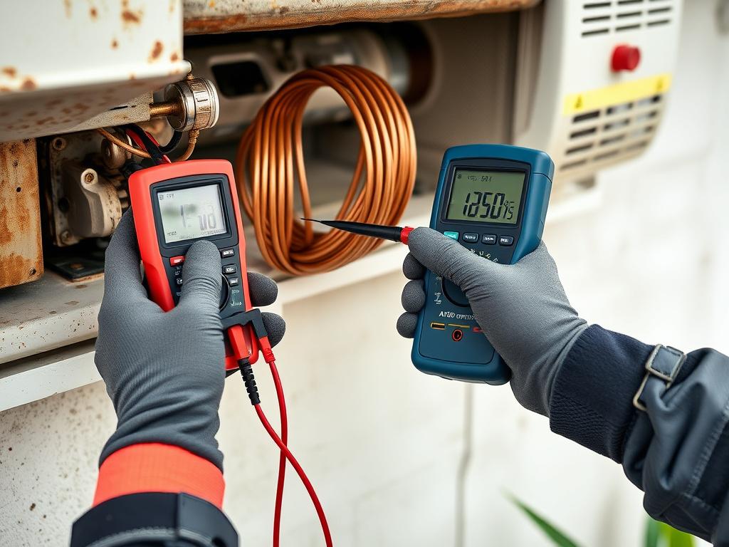 Multimeter probes touching compressor terminals during a diagnostic.