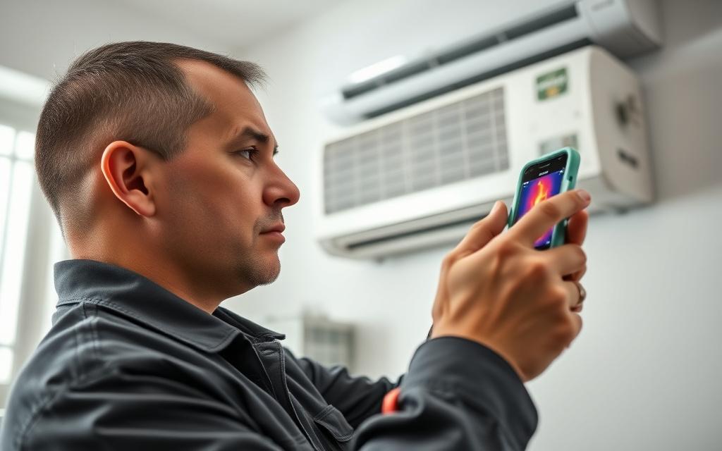 Master technician inspecting an aircon unit with a thermal imaging app.