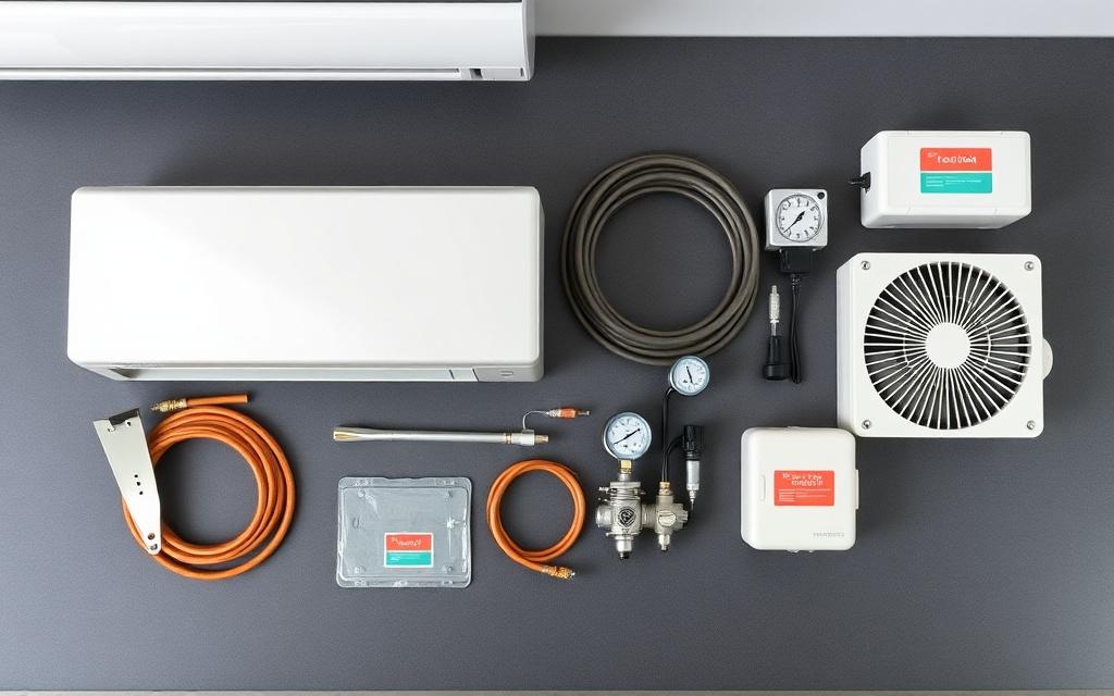 Aircon installation parts laid out on a graphite workbench.